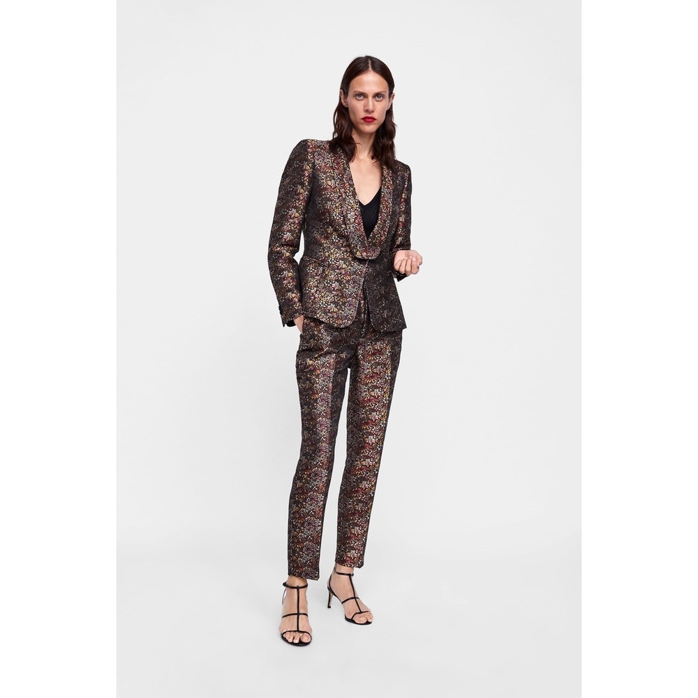 Zara Floral Brocade Metallic Pant Suit Blazer Trousers Set Multicolor Size M